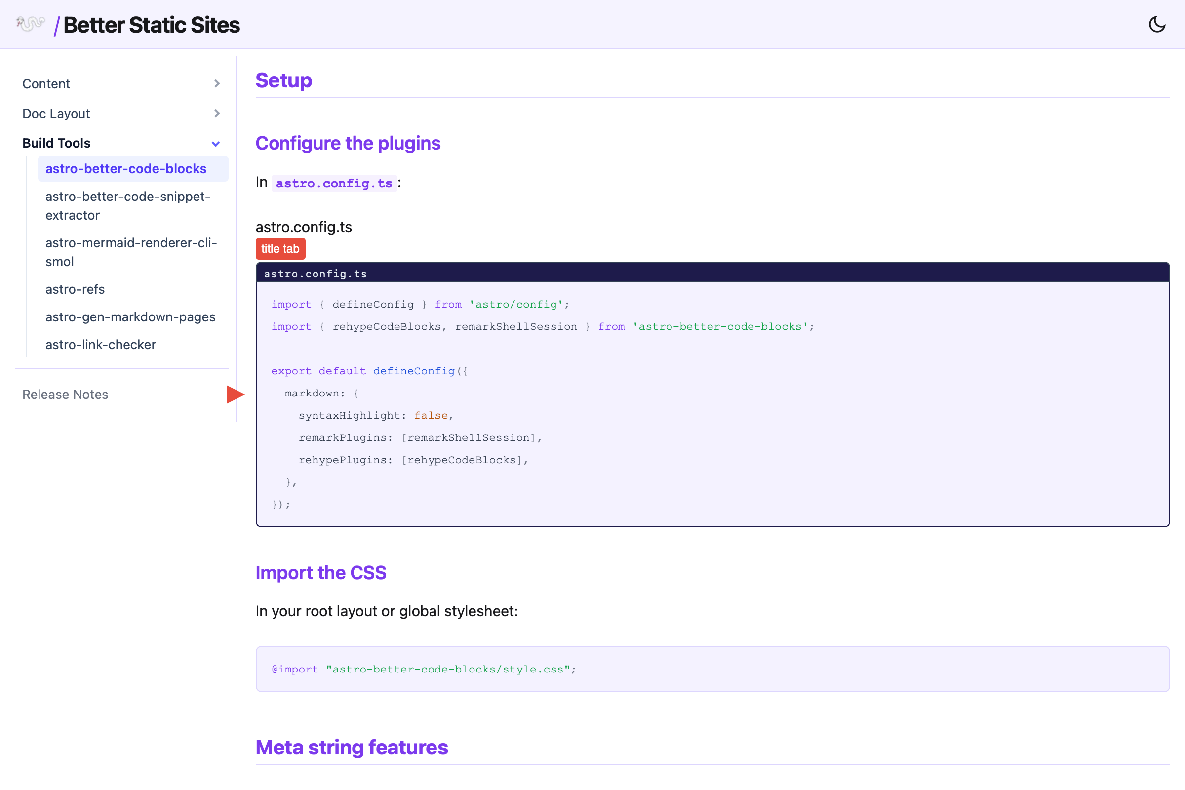 The code blocks page with the diff example called out.