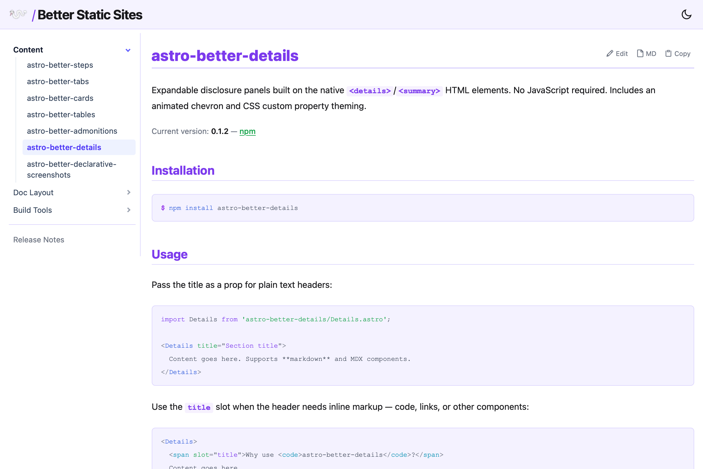 The Details component documentation page.