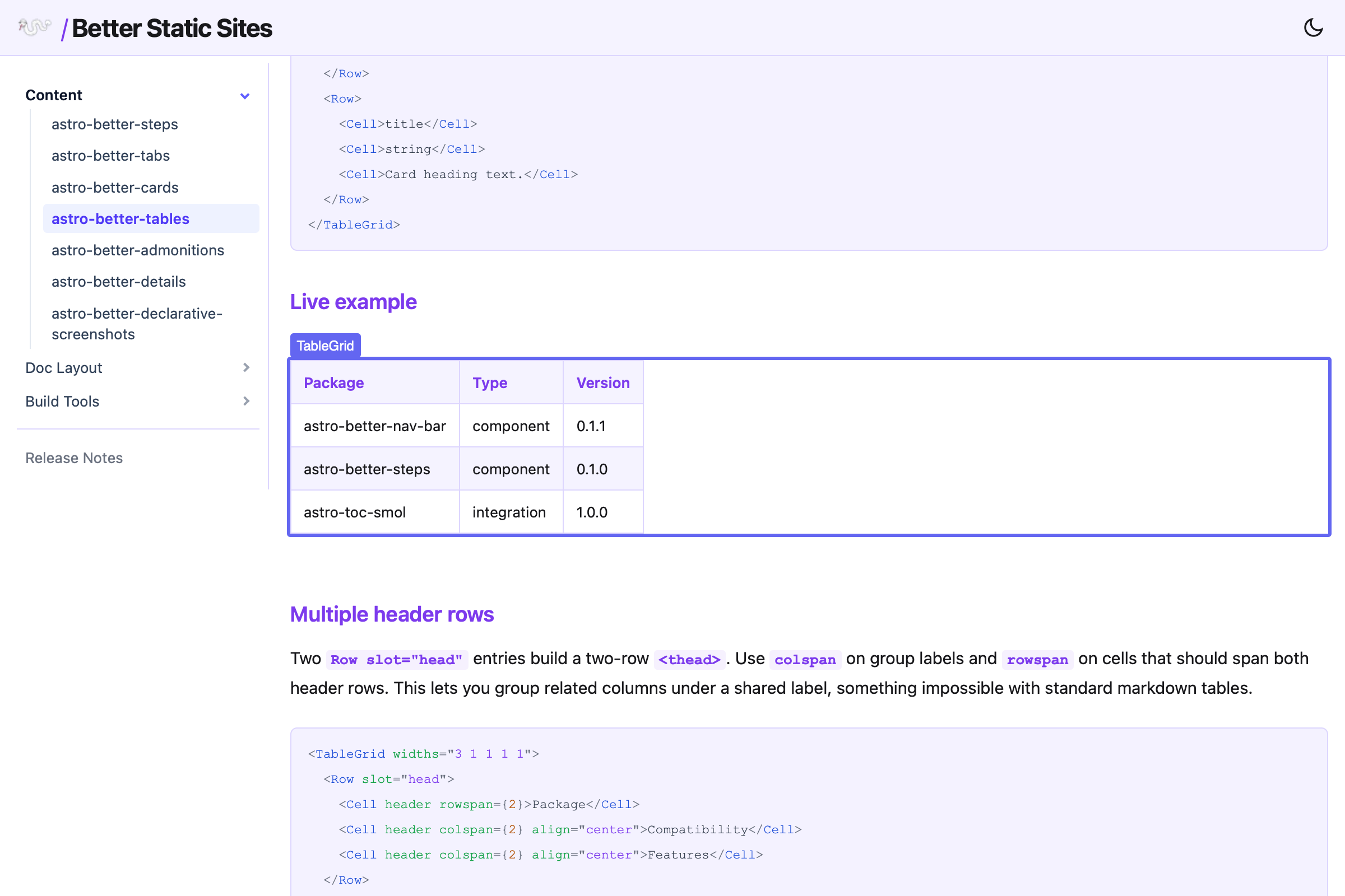 The tables page with the TableGrid live example highlighted.